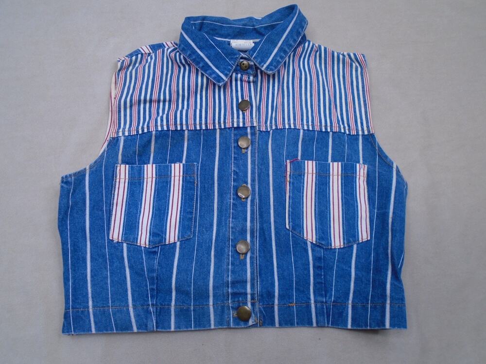 Vintage Denim Vest Women Medium Crop Jean Striped 90s Western Niki Lee Festival
